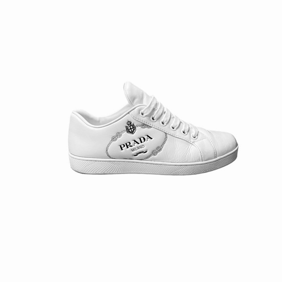 PRADA Logo-Embossed Low Top White Leather Sneakers - Picture 3 of 9